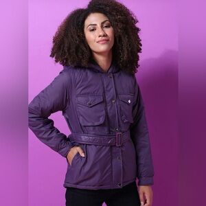Campus Sutra Women's vintage vibes purple hooded Causal Bomber Jacket. Like New